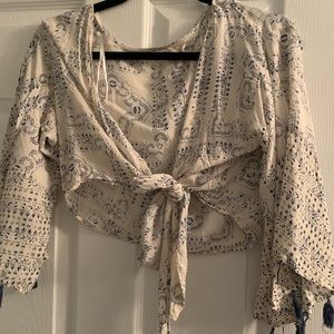 Blue and white front tie top